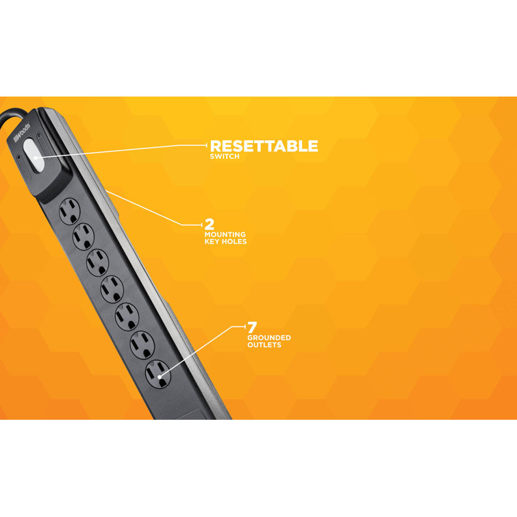 Woods Surge Protector With 7 Outlets, Resettable Overload Safety